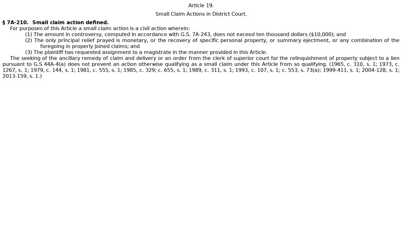 North Carolina General Statute 7A-210 defining small claims