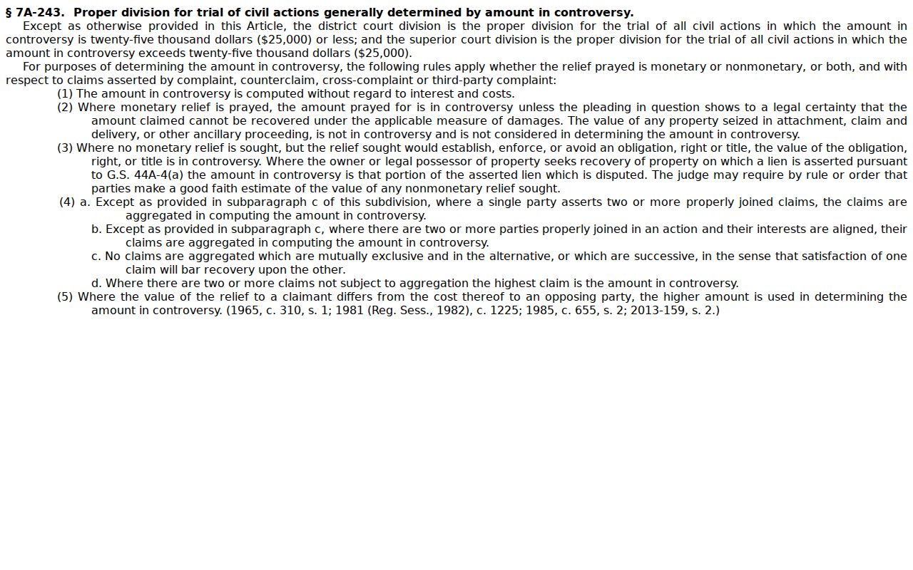 North Carolina General Statute 7A-243 on civil jurisdiction between trial divisions