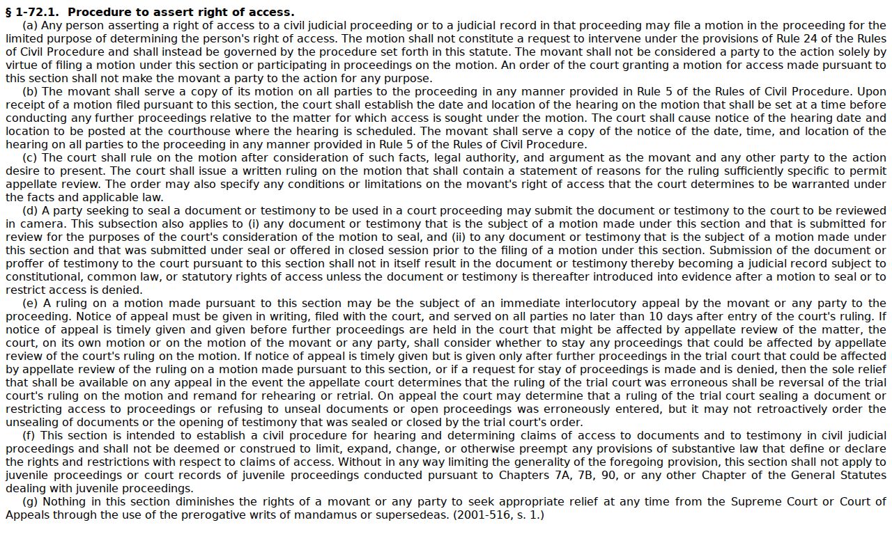 North Carolina General Statute 1-72.1 on civil record sealing and restricted access