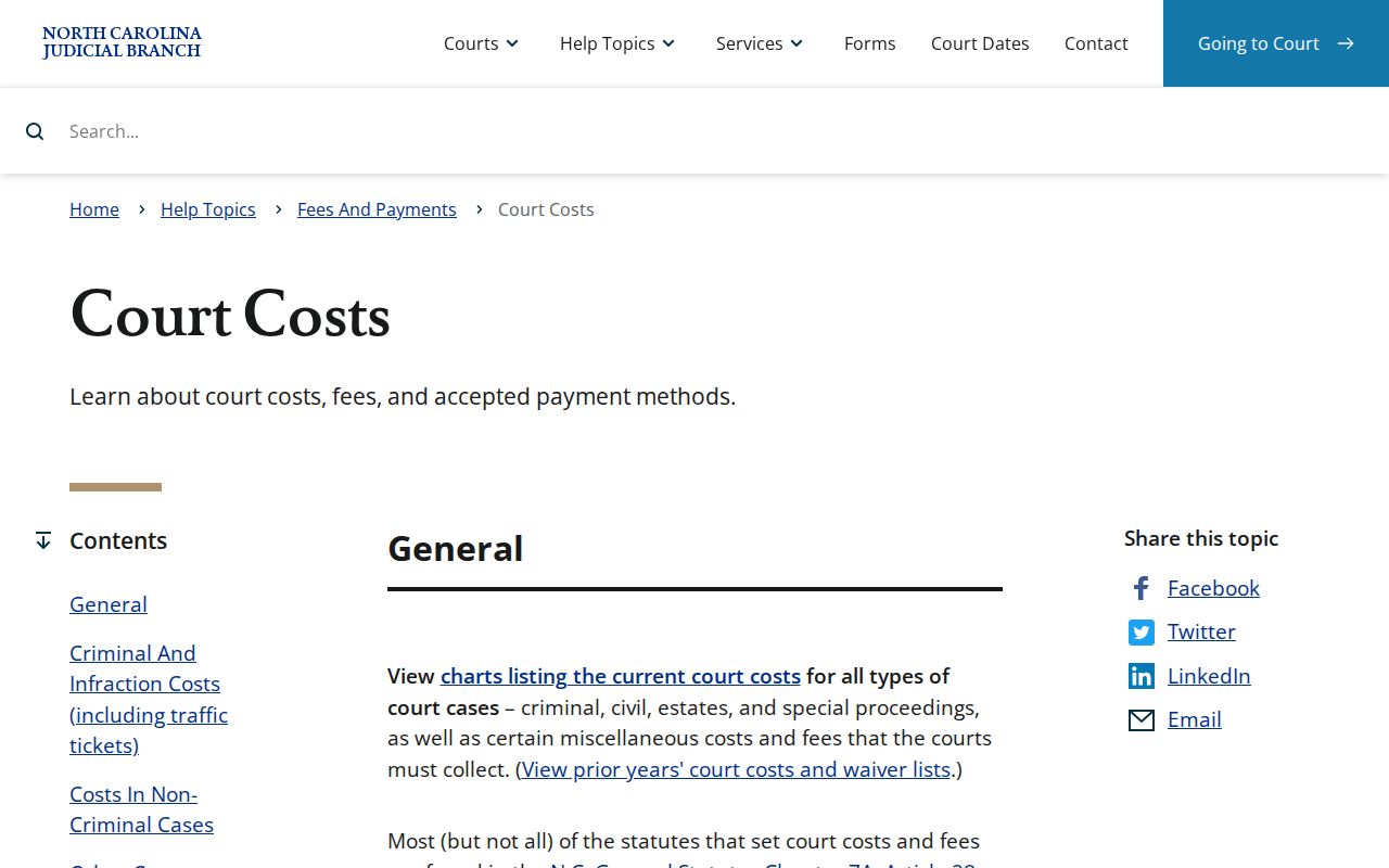 North Carolina Judicial Branch court costs information page