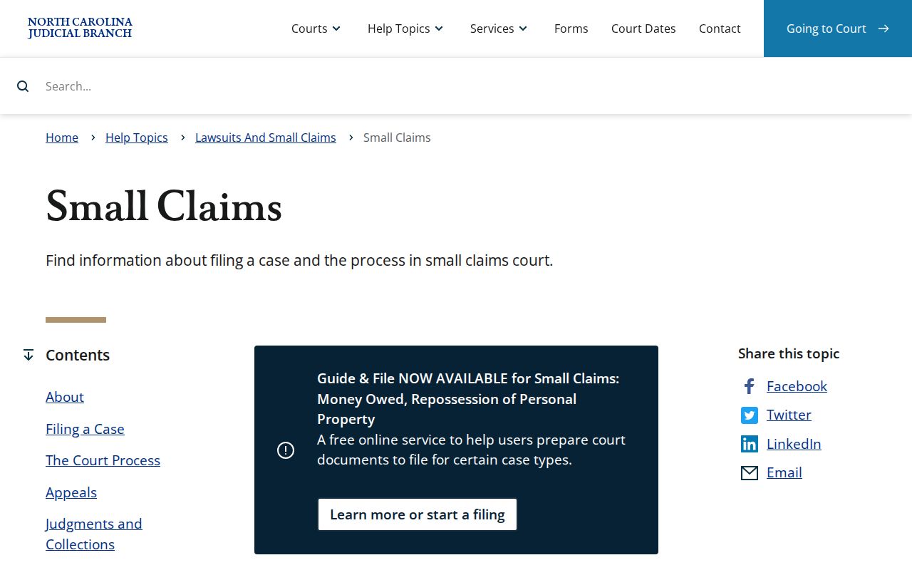 North Carolina Judicial Branch small claims information page