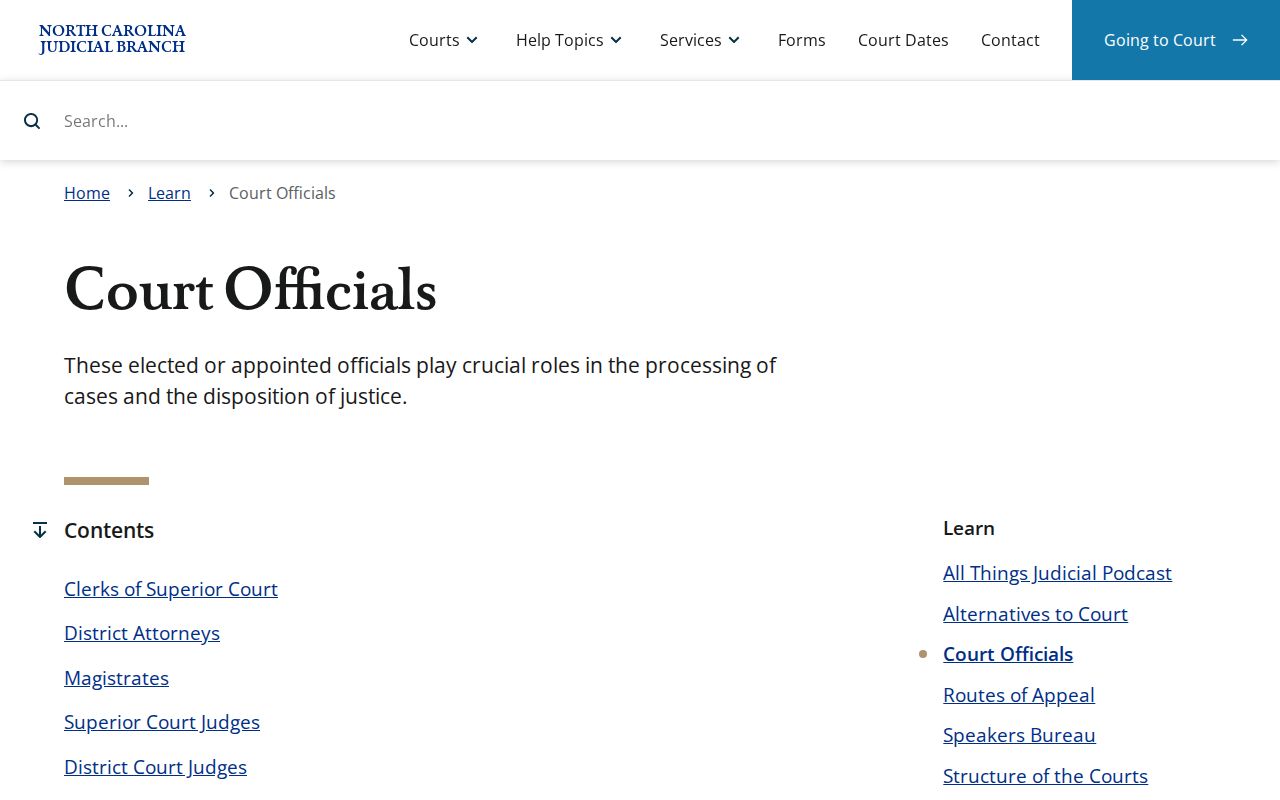 North Carolina Judicial Branch information about court officials and magistrates