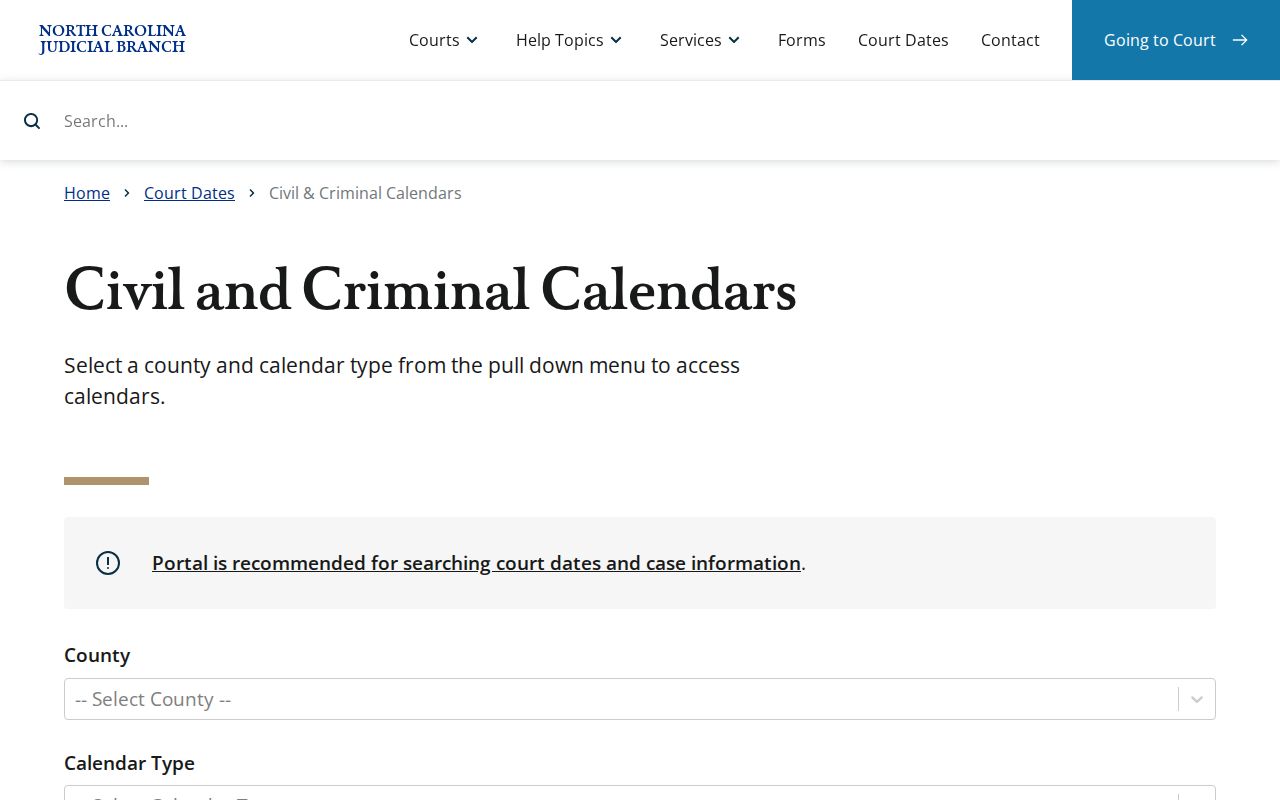 Official North Carolina Civil Calendars interface