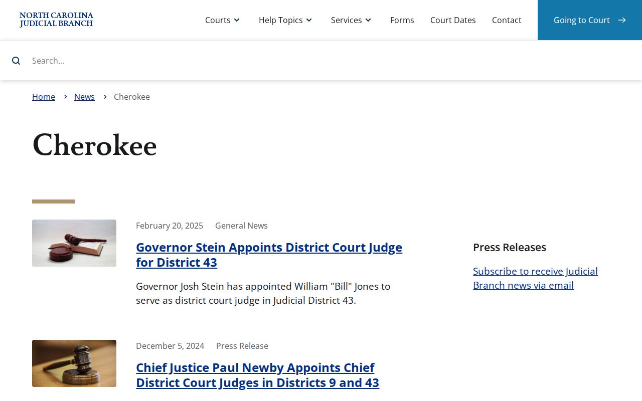 North Carolina Judicial Branch Cherokee court news and eCourts rollout page