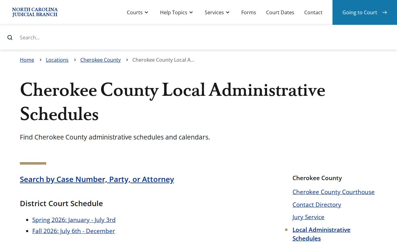 Cherokee County Local Administrative Schedules page with court calendar links