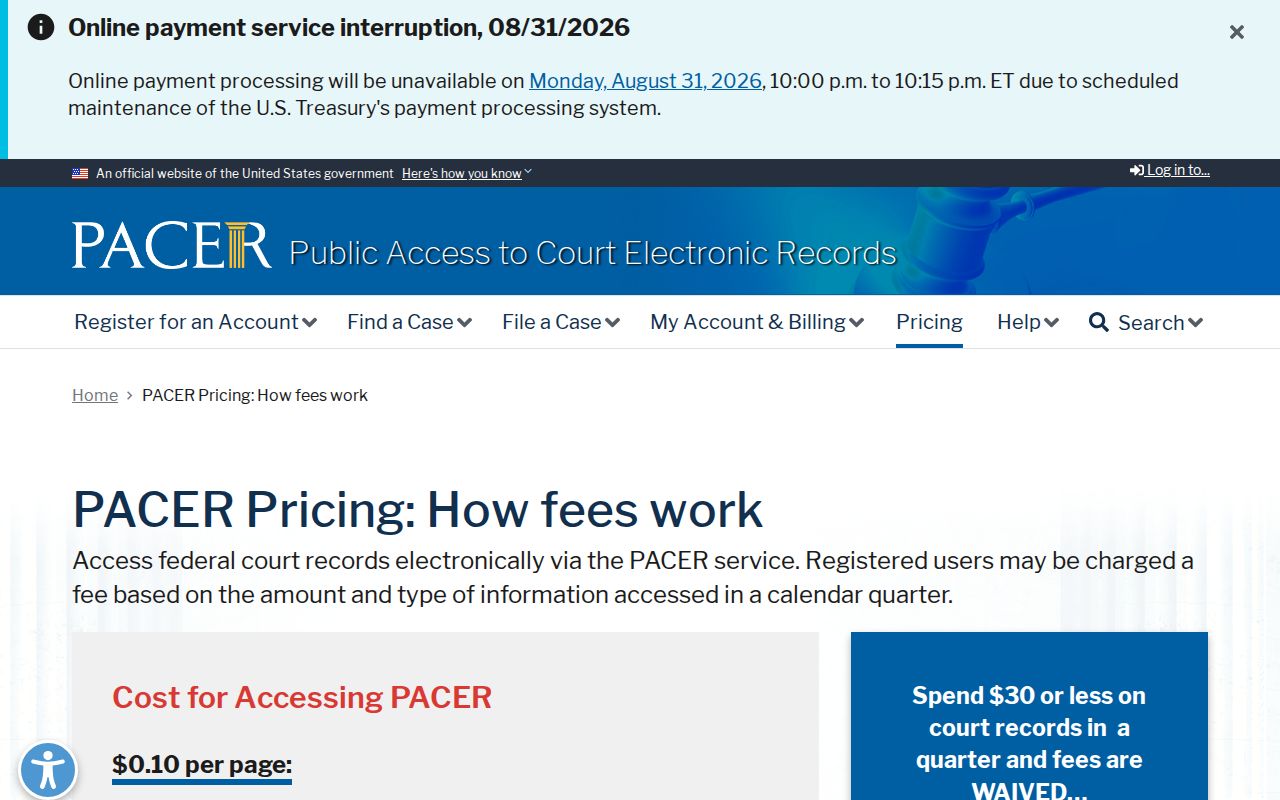 Cherokee County court records federal PACER pricing information