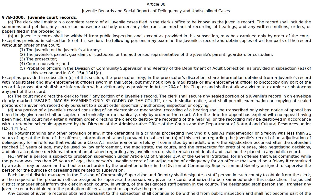 North Carolina General Statute 7B-3000 on juvenile record confidentiality