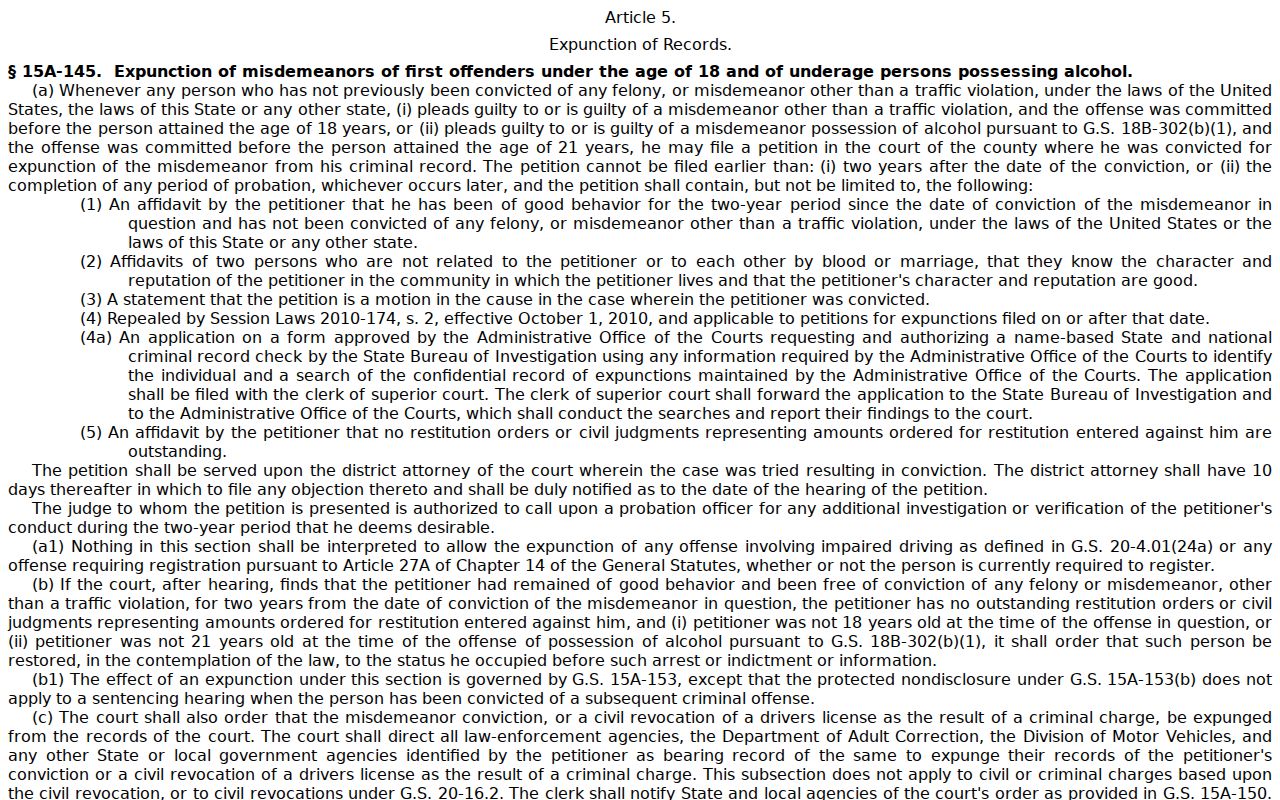 North Carolina General Statute 15A-145 on an expunction procedure