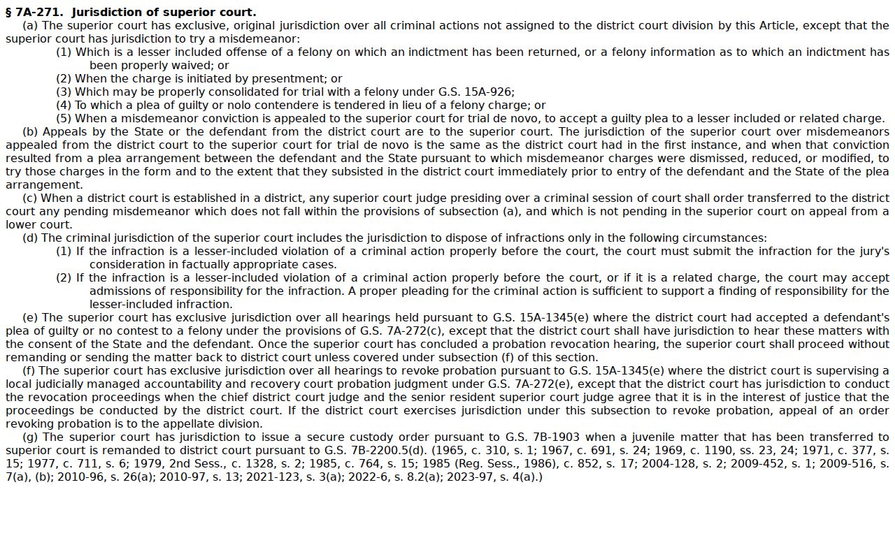North Carolina General Statute 7A-271 on Superior Court criminal jurisdiction