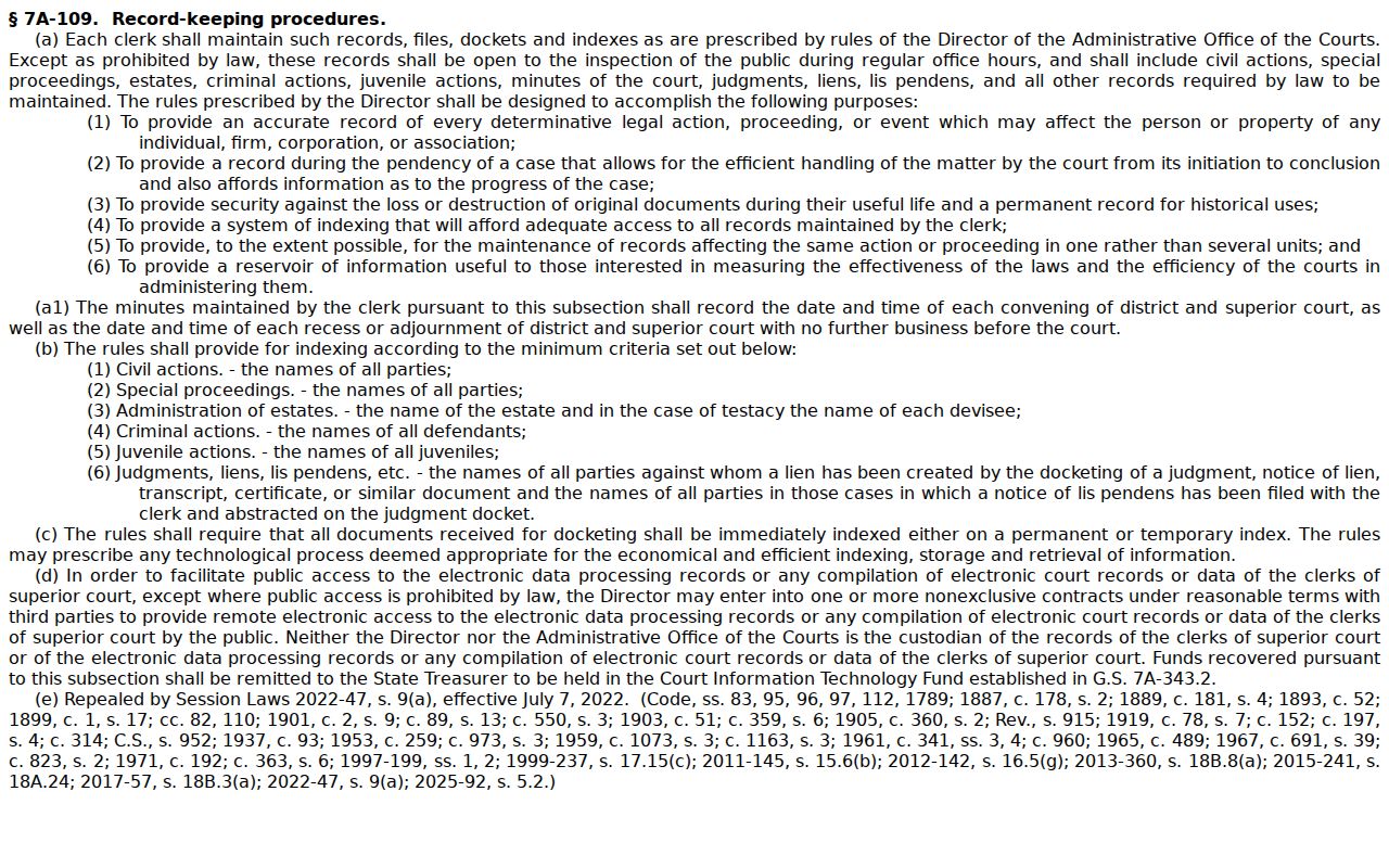 Cherokee County court docket clerk record duties statute